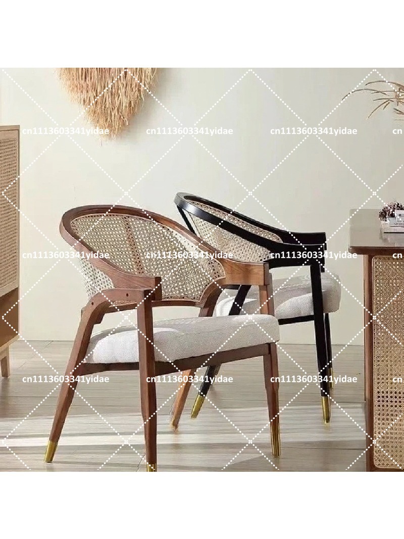 Home Textiles Fabric - Massivholz Esszimmerstuhl mit Rattan-Rückenlehne, Retro Einzelsitz