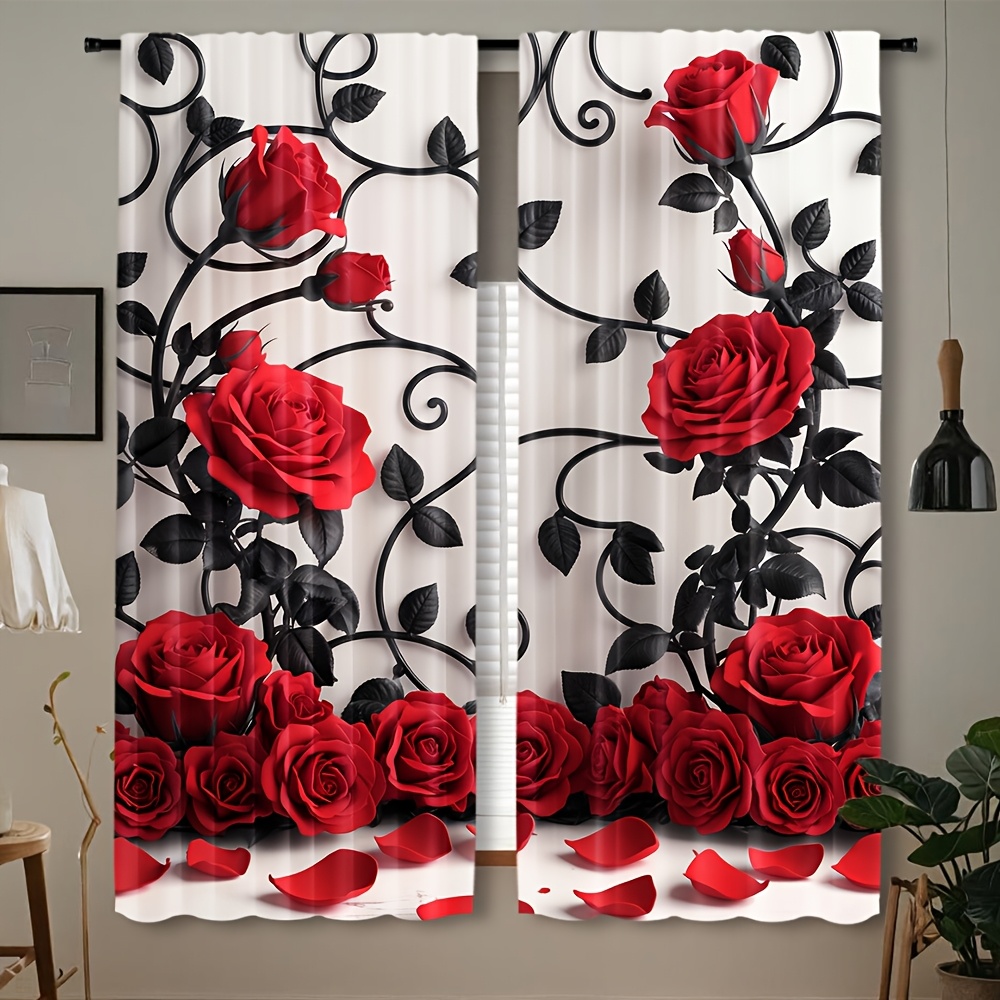 Home Textiles Luxury Curtains - Luxuriöse Vorhänge mit rotem Rosen-Blumenmuster, schwarzer