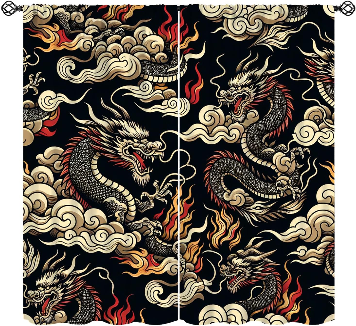 Home Textiles Luxury Curtains - Luxuriöser asiatischer Drachenvorhang mit schwarzem Hintergrund,
