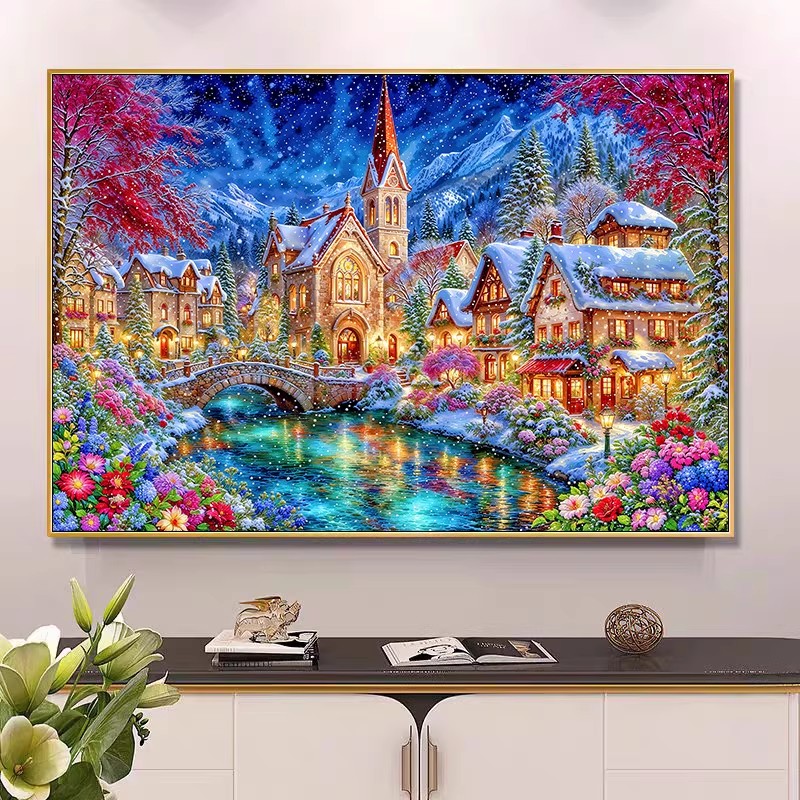 Home Textiles Discount - 9ct 100x75cm Winter Kirchen-Stickerei DIY Bedruckte